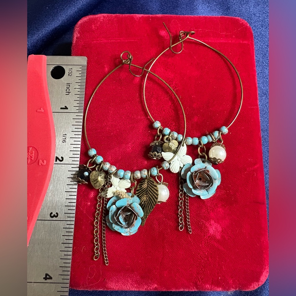 SOLD Earrings Large Hoop Dangle With Charms Rose Floral - Picture 3 of 4